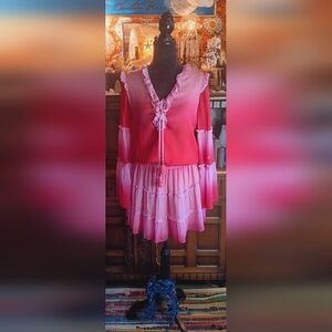 NWOT HALE Bob Sunset Festive Bohemian Pink Ombre Ruffled Dress S
